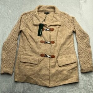 NEW For Cynthia Cardigan Sweater Womens Large Camel Brown Wool Cable Knit Duffle
